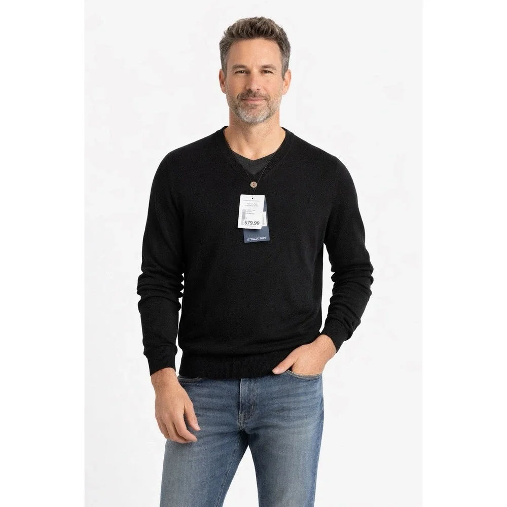 Joseph Abboud Men's‎ XL Black Extra Fine Merino Wool V-Neck Sweater NWT
